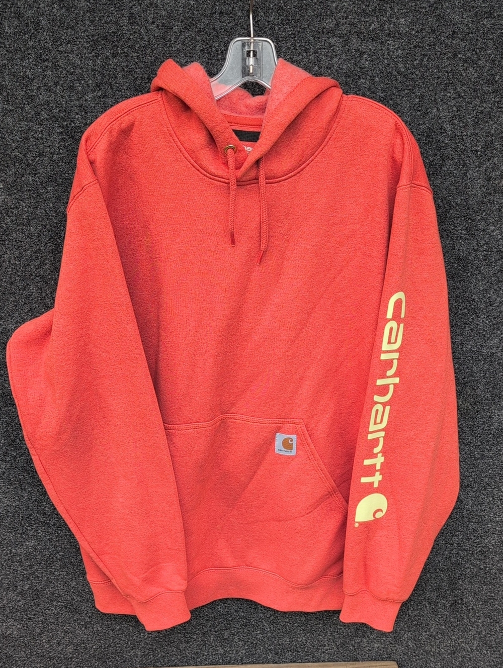 Carhartt Men's Red Crewneck Hoodie with Yellow Sleeve Logo